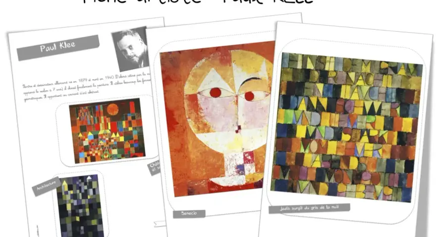 Fiche artiste Paul KLEE présentant des œuvres abstraites et géométriques, dont "Senecio" et "Jadis surgit du gris de la nuit".