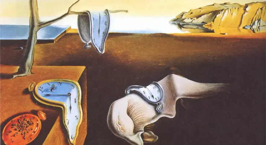 La Persistance de la mémoire, célèbre peinture de Salvador Dalí, montre des montres molles se fondant dans un paysage surréaliste.