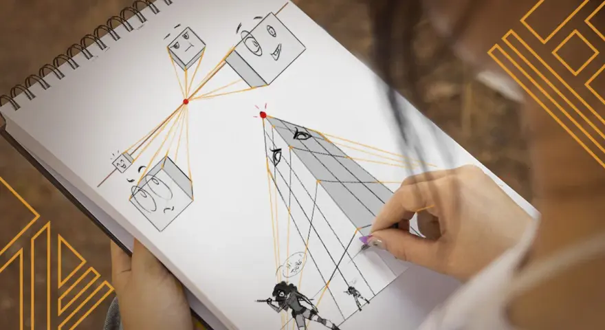 Un croquis de **tableau perspective** montre des cubes avec des visages expressifs et des lignes de fuite, une main dessinant des formes géométriques.
