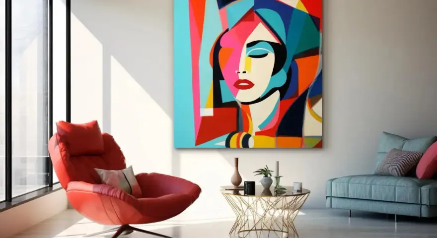 Un tableau vertical abstrait aux couleurs vives représente un visage féminin stylisé. Une chaise rouge audacieuse complète la scène.