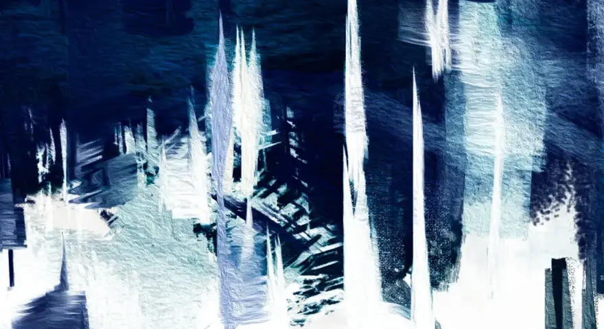 Tableau bleu et blanc évoquant des stalactites ou des gratte-ciel abstraits, avec des coups de pinceau texturés et dynamiques.