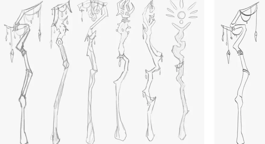 Divers croquis de bâtons magiques, certains ornés de crânes et de pendentifs, d'autres avec des formes organiques ou solaires. L'artiste explore différentes idées pour faire des croquis.