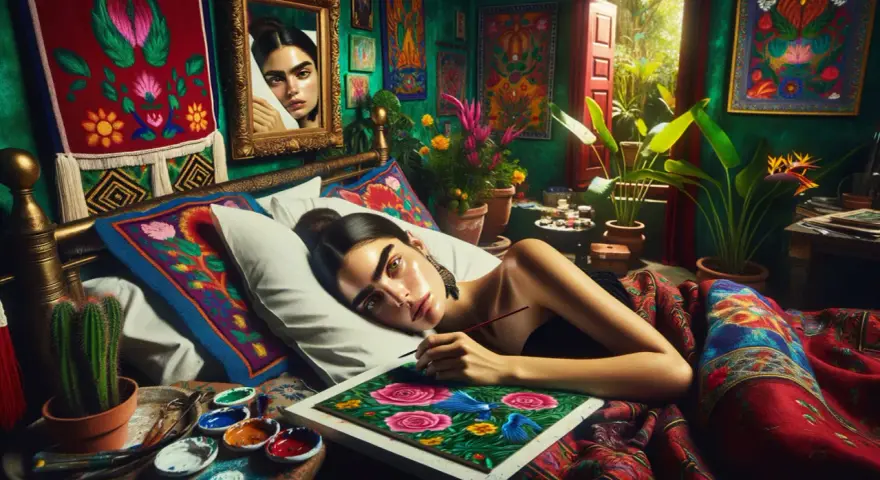 Un autoportrait de Frida Kahlo, peignant des fleurs et des oiseaux dans une chambre vibrante et colorée, inspirée de son style.