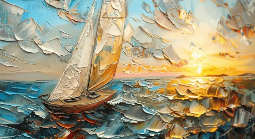 Un tableau voilier contemporain, texture épaisse, naviguant sur une mer agitée sous un ciel lumineux au coucher du soleil.