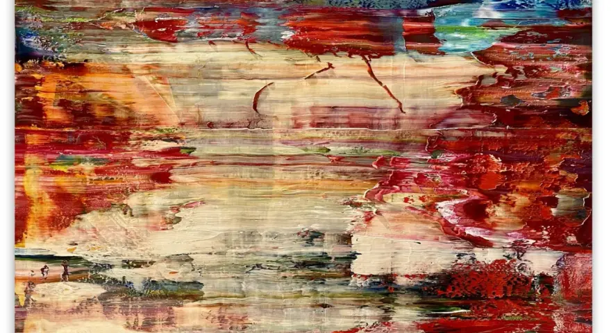 Tableau abstrait évoquant la création du monde, avec des touches de rouge, d'orange et de blanc, rappelant un paysage onirique.