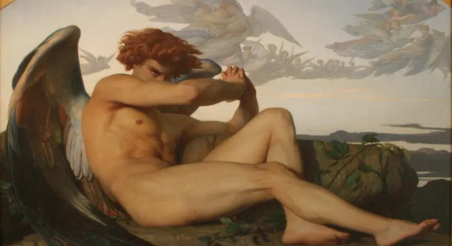L'ange déchu de Cabanel, un être ailé aux cheveux roux, contemple son exil tandis que d'autres anges s'envolent au loin.