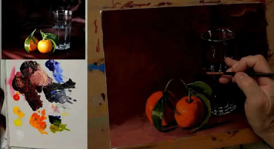 Dessin peinture acrylique : un verre d'eau et des clémentines sur une table, palette de couleurs à gauche.