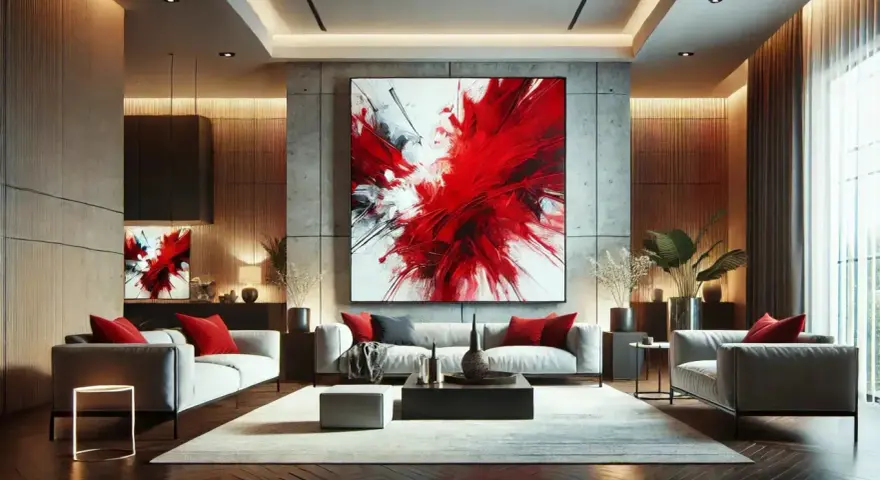 Un salon moderne avec un grand tableau rouge abstrait au-dessus d'un canapé gris. Des coussins rouges accentuent l'ensemble.