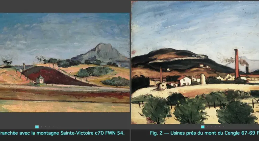 Deux tableaux de Cézanne : la montagne Sainte-Victoire vue d'une tranchée et des usines près du mont du Cengle.