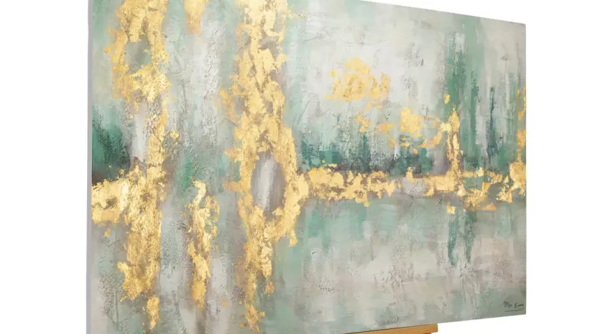 Tableau peinture acrylique facile à faire, avec des touches d'or sur fond vert et gris. Une œuvre abstraite qui évoque la nature.