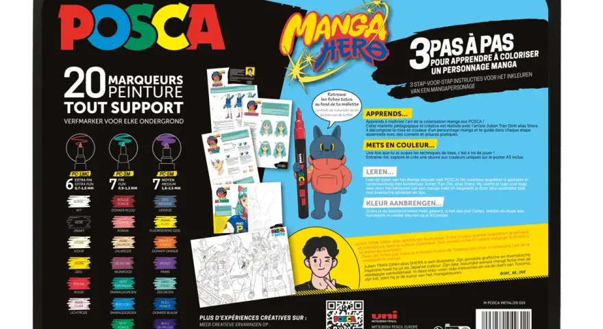 Mallette Posca pour apprendre à coloriser des personnages manga. Contient 20 marqueurs, des fiches tutos et un poster. Posca, c'est quoi ? Des feutres créatifs pour tous supports.