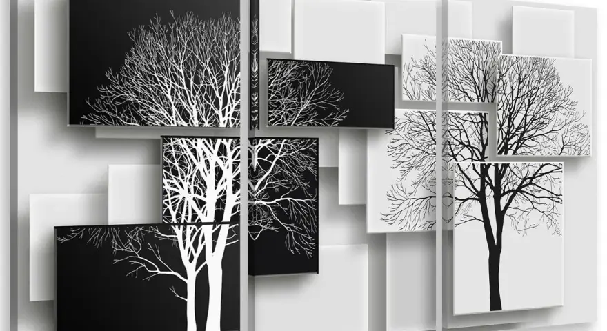 Tableau panoramique noir et blanc composé de plusieurs panneaux représentant des arbres stylisés aux branches fines, créant un jeu d'ombres et de lumières.