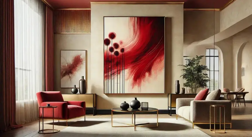 Un salon moderne avec un grand tableau abstrait rouge vibrant, des fauteuils rouges et un canapé beige.