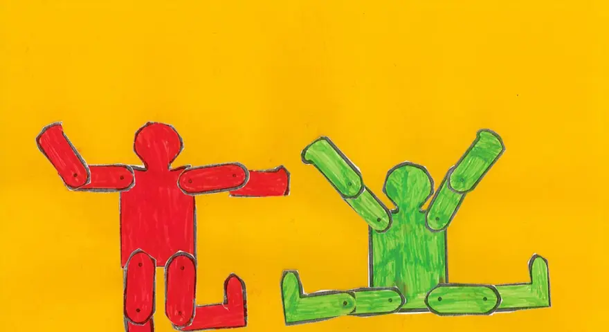 Deux bonhommes articulés, un rouge et un vert, dansent sur fond jaune, évoquant l'énergie joyeuse de Keith Haring.