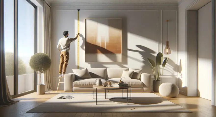 Un homme mesure la hauteur d'un grand tableau beige dans un salon lumineux.
