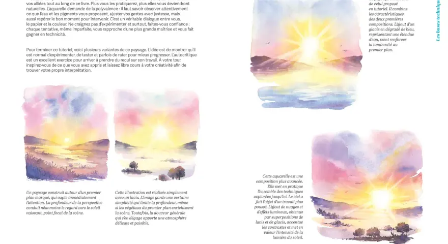 Aquarelle d'un paysage au soleil levant, montrant comment utiliser de l'aquarelle pour capturer la lumière et créer des atmosphères.