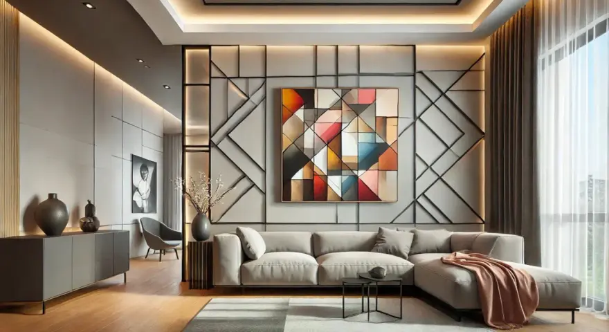 Un salon moderne avec un tableau panoramique abstrait aux formes géométriques colorées, un canapé gris et des lumières d'ambiance.