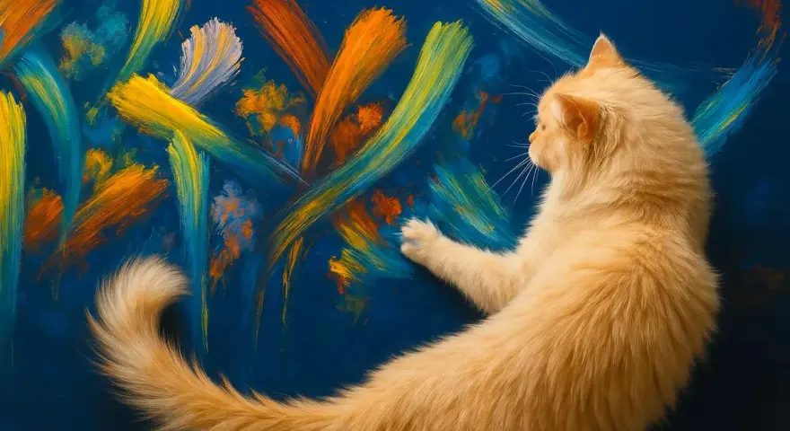 Un chat roux, artiste peintre, touche une toile abstraite aux couleurs vives.