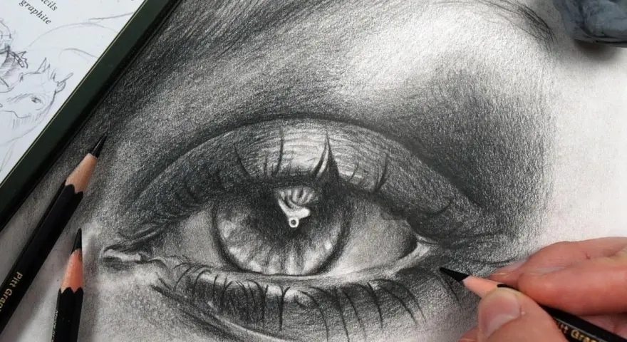 Un dessin d'œil réaliste au crayon graphite, avec des détails saisissants. L'artiste ajoute la touche finale à ce magnifique dessin oeil.