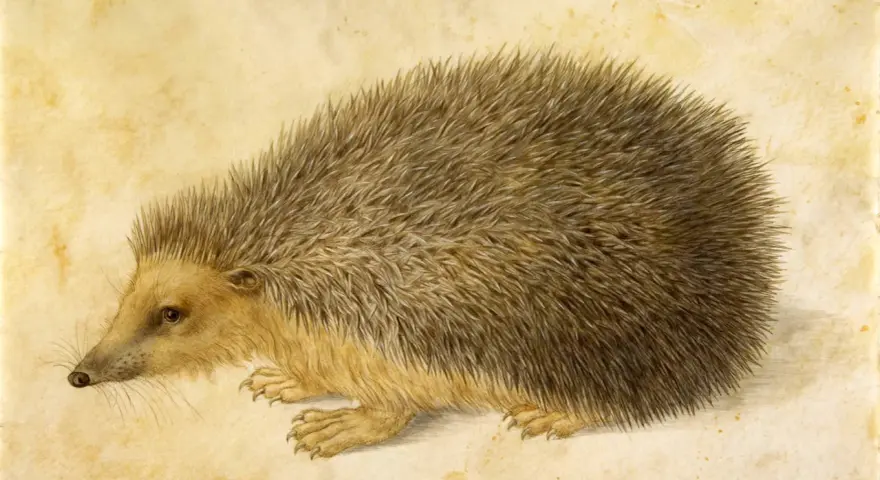 Un hérisson aux piquants réalistes, un de ces animaux qui semblent durer à travers les âges, sur un fond jauni.