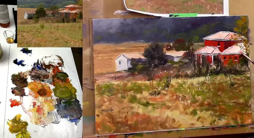 Tableaux de paysages à l'huile : une ferme rouge et une maison blanche dans un champ doré, avec une palette de couleurs vives.
