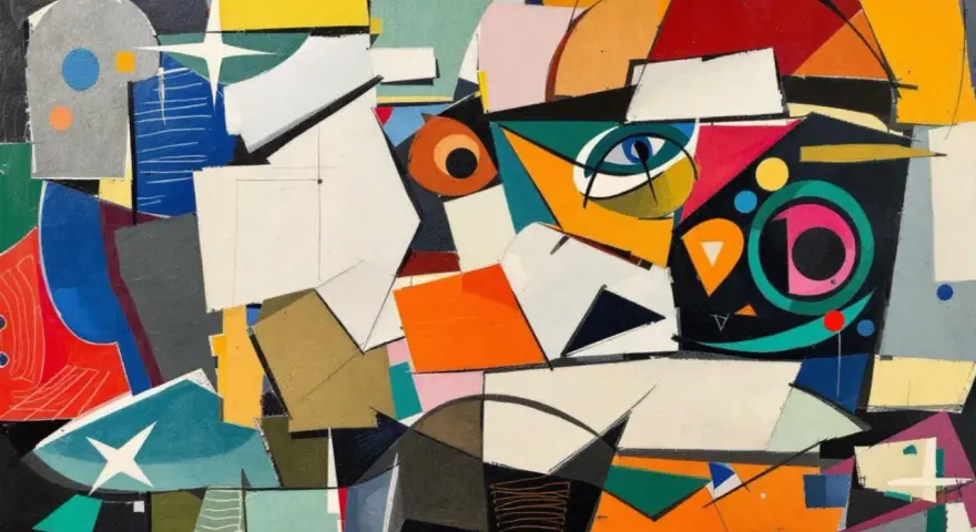 Un tableau Picasso facile, plein de formes géométriques vives et d'un œil bleu perçant.