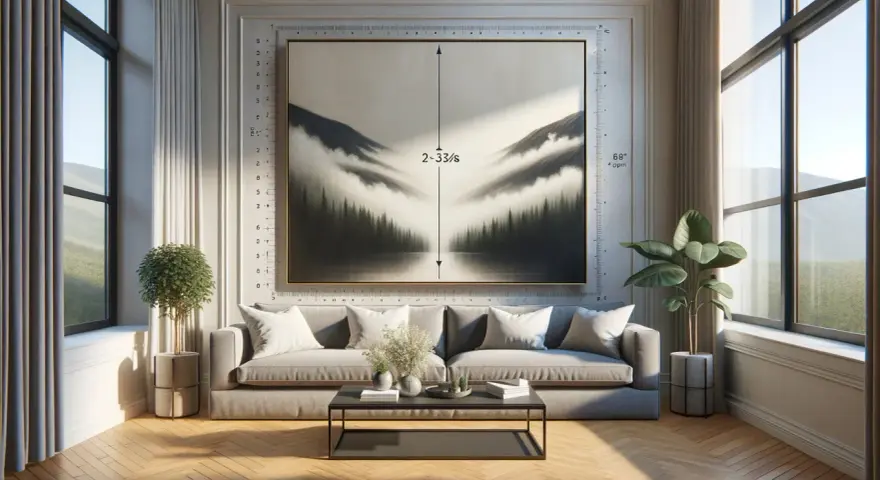 Un tableau sur verre panoramique d'une forêt brumeuse et de montagnes, suspendu au-dessus d'un canapé gris.