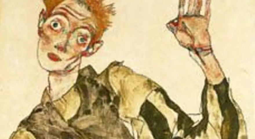 Autoportrait expressif d'Egon Schiele, le regard intense, la main levée dans un geste énigmatique.