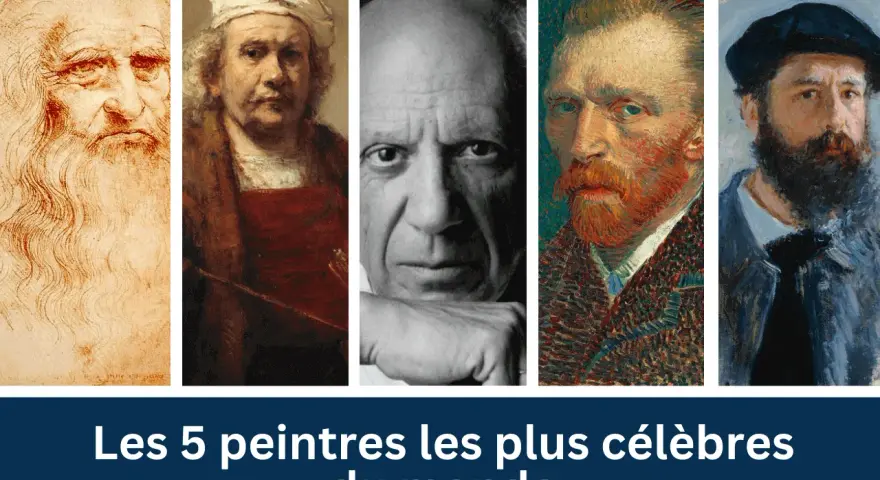 Portraits de cinq artistes peintres connus : Léonard de Vinci, Rembrandt, Picasso, Van Gogh et Monet.