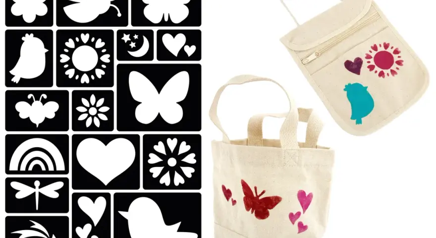 Ensemble de pochoirs pour créer des motifs sur des sacs en toile. Facile à utiliser pour un dessin pochoir facile.