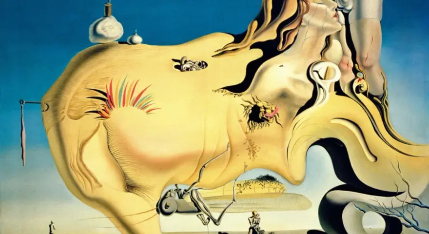 Un paysage surréaliste de Dali, avec des formes molles, une femme pleurant et des éléments étranges. Un dessin facile à imaginer.