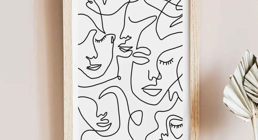 Tableau abstrait visage, une composition de visages stylisés en lignes continues noires sur fond blanc, dans un cadre en bois clair.