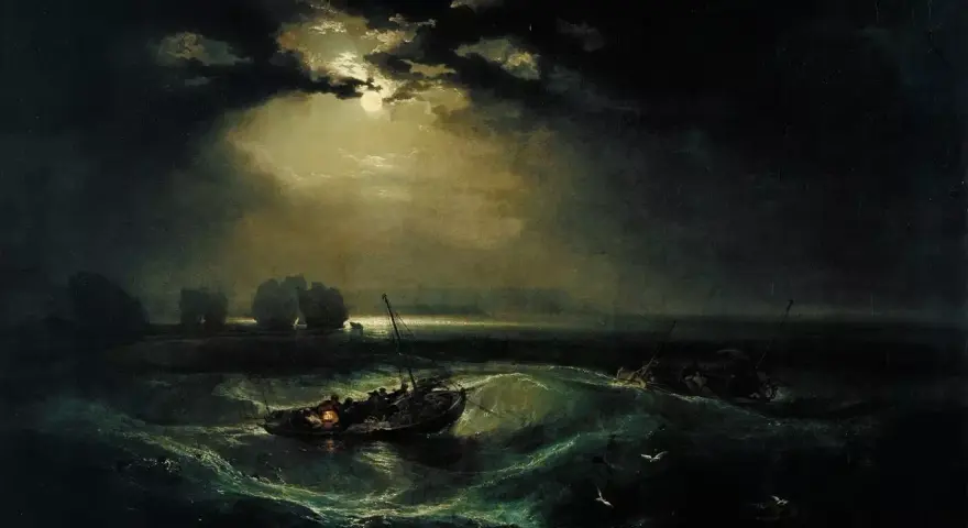 Un tableau clair obscur dramatique : des bateaux luttent contre des vagues déchaînées sous une lune voilée. La lumière perce les nuages, éclairant la scène maritime tourmentée.