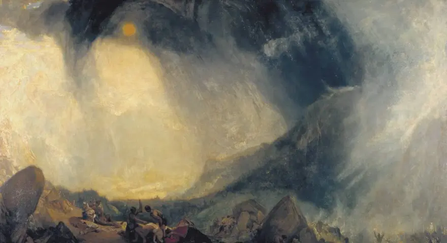 La plus connue œuvre de William Turner : un soleil jaune perce des nuages sombres sur un paysage montagneux où des figures humaines luttent contre les éléments.