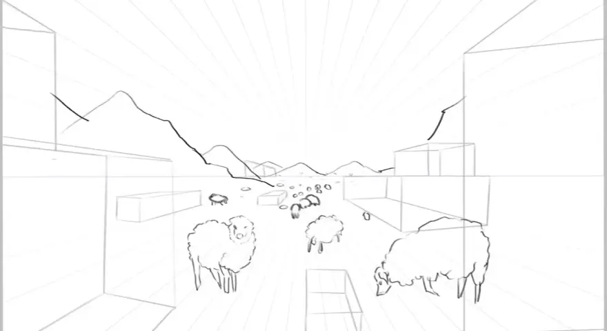 Un dessin en profondeur d'un paysage avec des montagnes, des bâtiments et des moutons.