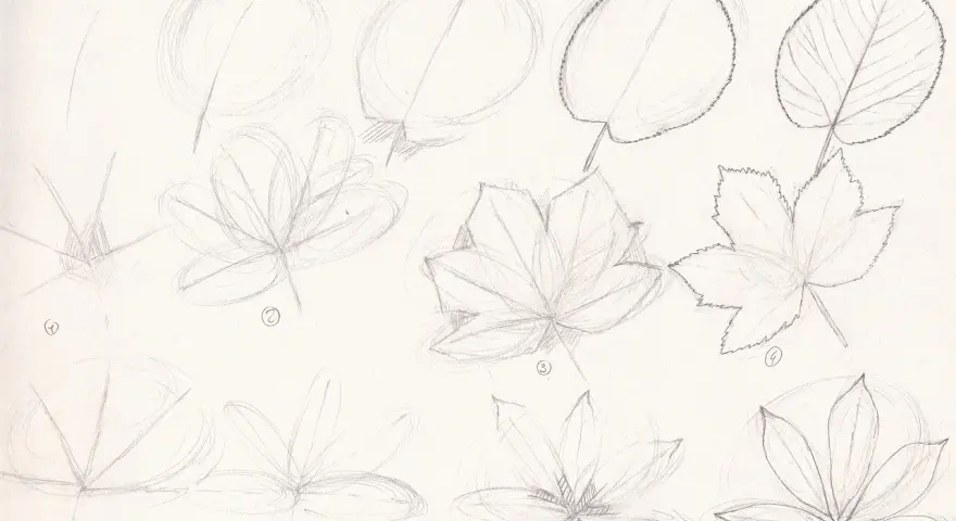 Dessin au crayon d'une plante tombante, montrant différentes étapes de création de feuilles.