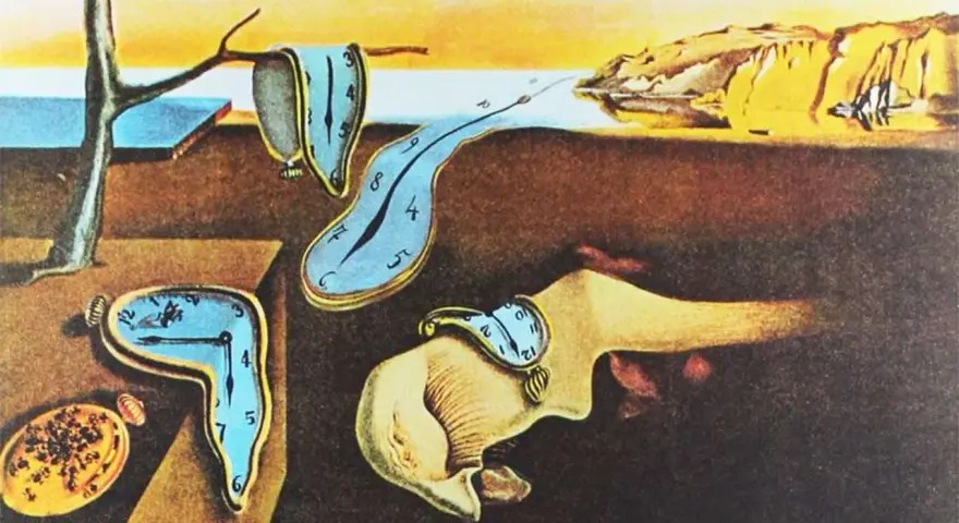 Le tableau de Salvador Dalí, La Persistance de la mémoire, présente des montres molles se fondant dans un paysage désertique surréaliste.