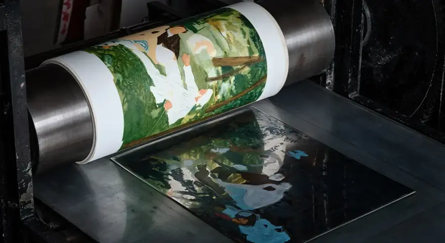 Impression d'une scène champêtre sur une presse, illustrant les différents types de gravure.