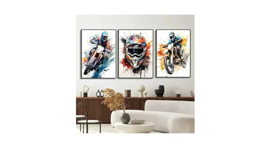 Trois tableaux moto cross en aquarelle, dynamiques et colorés, capturant l'adrénaline de la course.