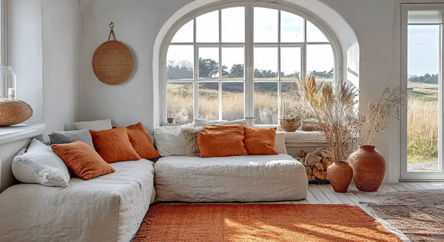 Un salon cosy avec un canapé blanc, des coussins orange et un tapis terracotta. Deux vases en terre cuite complètent ce coin de vie chaleureux.