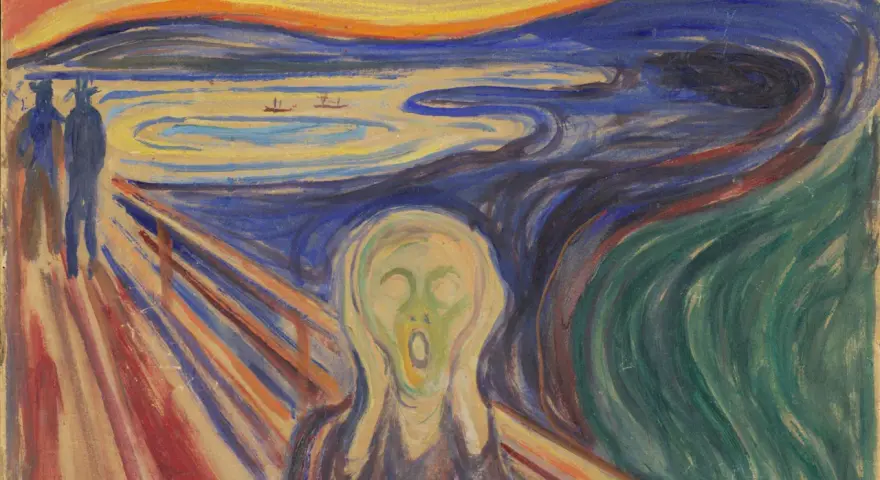 Le cri, célèbre tableau d'Edvard Munch, représente une figure angoissée sur un pont, le ciel embrasé et des silhouettes sombres.