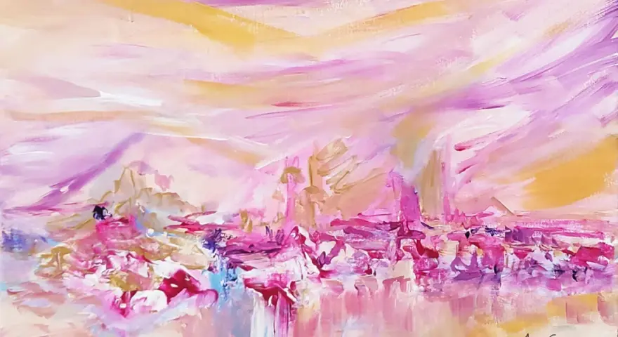 Peinture figurative abstraite aux tons roses et dorés, évoquant un paysage onirique et lumineux.