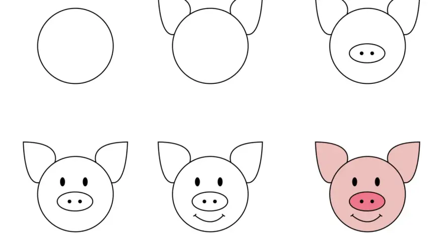 Étapes pour un dessin facile de cochon : un cercle, des oreilles, un groin, des yeux, puis un sourire.