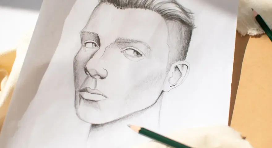 Un portrait au crayon, étape d'un tuto dessin réaliste. Le regard intense et la coiffure sont particulièrement réussis.