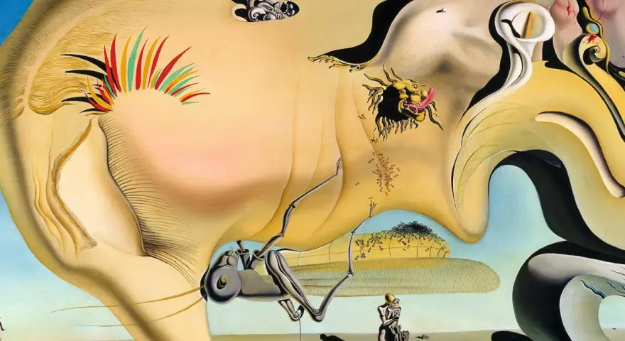 Un paysage onirique aux formes molles, typique des **œuvres surréalistes de Salvador Dalí**, avec des créatures étranges et des objets flottants.