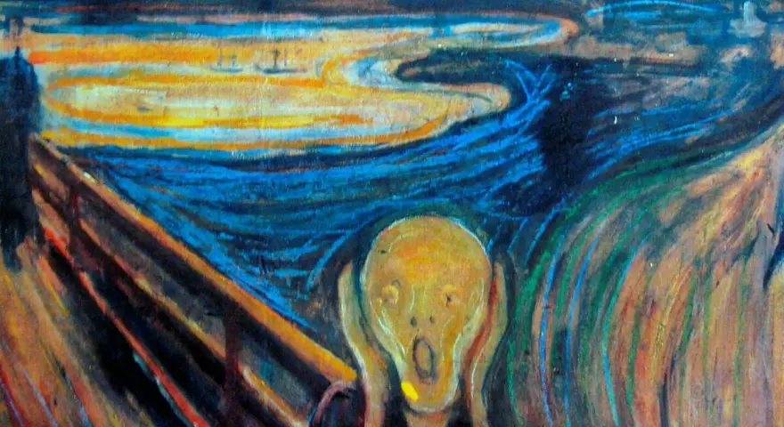 Le Cri, œuvre emblématique d'Edvard Munch, exprime une angoisse universelle. Une figure déformée hurle sur un pont, le ciel rougeoyant reflétant sa détresse.