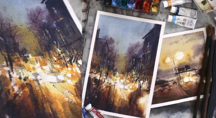 Peinture d'une ville connue la nuit, avec des lumières vives et des silhouettes sombres. L'artiste capture l'atmosphère d'une rue animée.