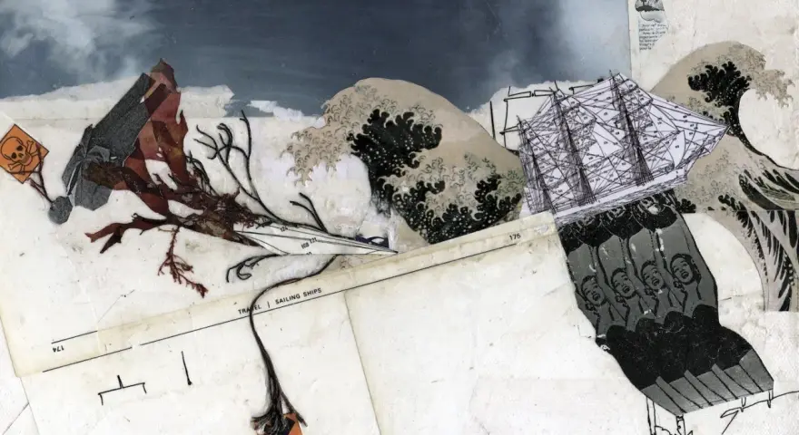 Art collage : un voilier navigue sur une mer déchaînée, menacé par des algues et un signe de danger.