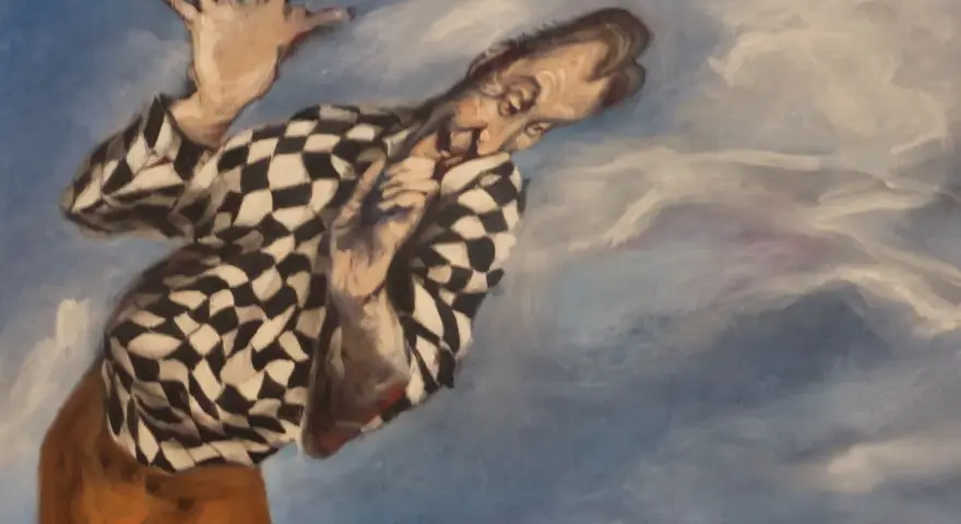 Gérard Garouste peint un homme en chemise à damiers, le visage tordu par l'émotion, les mains tendues vers un ciel tourmenté.