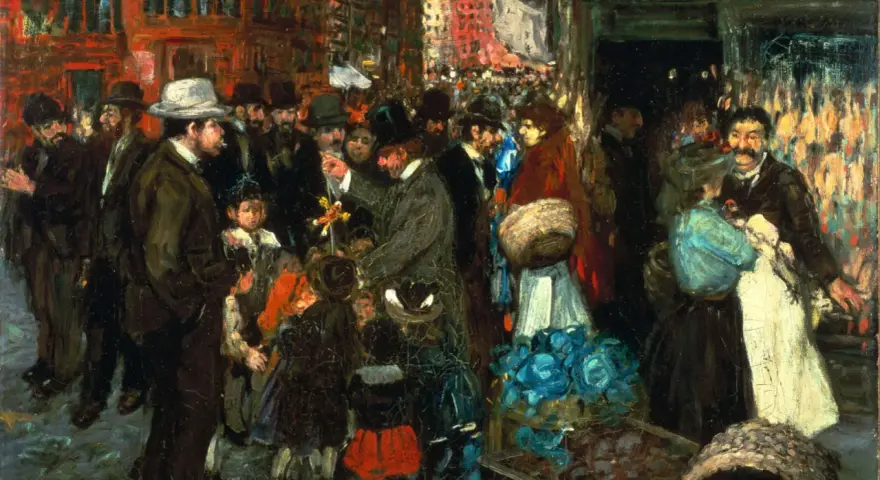Scène de rue animée, peut-être une procession, peinte par un peintre américain du 20ème siècle. Des foules, des bâtiments et des détails colorés.